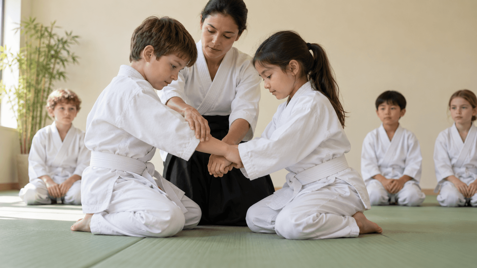 Copii în kimono exersează o priză de aikido pe tatami, ghidați de instructoare