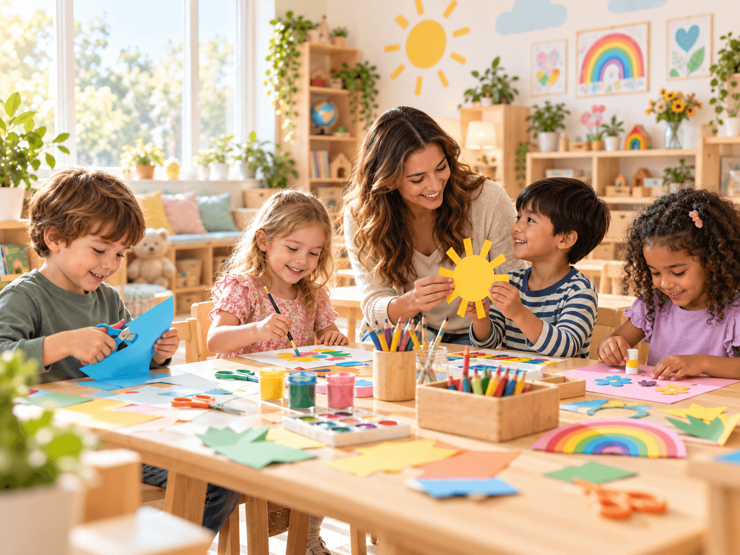 Atelier Art and Craft cu hârtie colorată, foarfece și acuarele pe masa de lucru