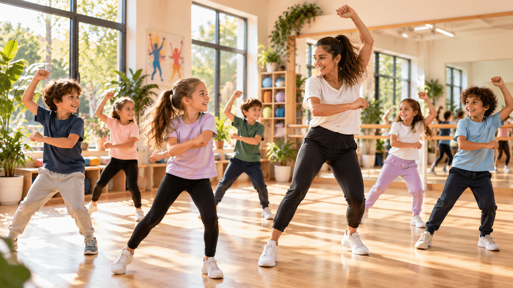 Copii dansează într-o sală luminoasă cu oglindă, urmând instructoarea