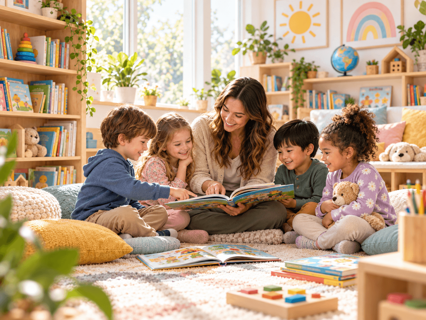 Atelier de lectură: copii citesc pe perne, alături de cadrul didactic