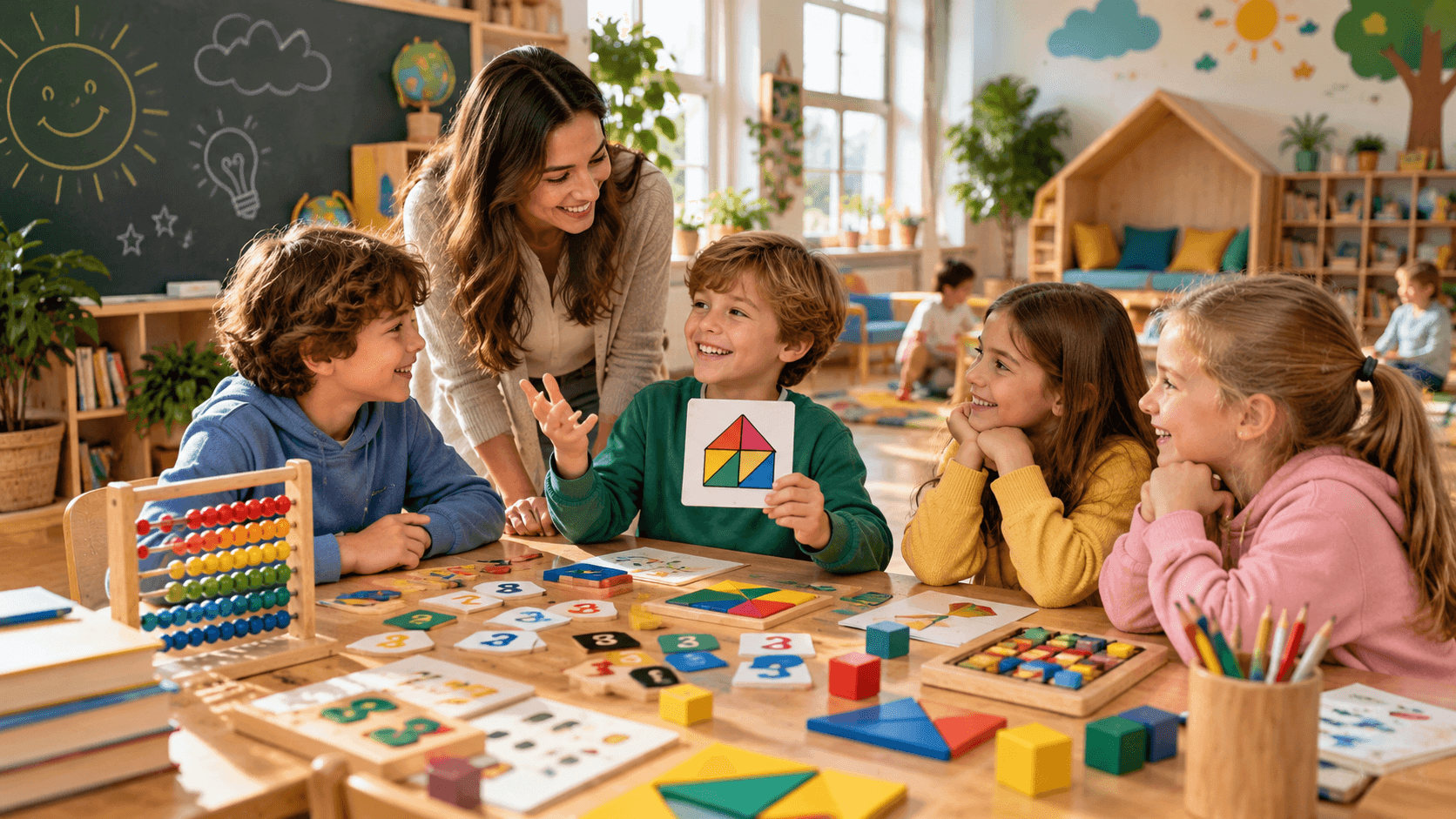 Copii rezolvă exerciții cu abac, tangram și cartonașe cu cifre