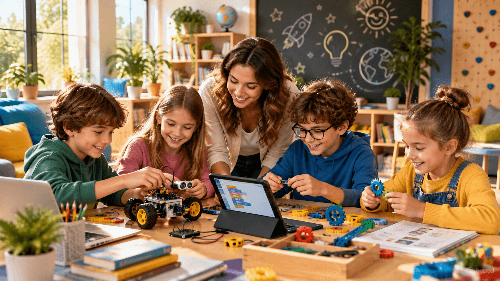 Copii construiesc un robot cu roți și îl programează pe o tabletă