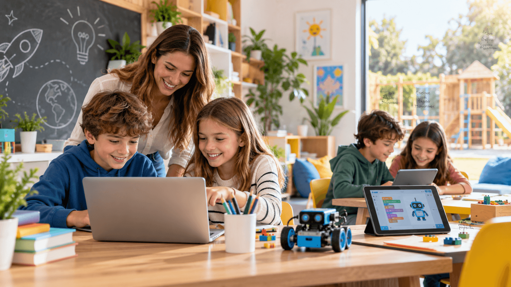 Copii lucrează la laptop și tabletă cu programare pe blocuri, lângă un robot mic